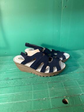 Skechers Navy Open-Cut Slingback Wedge Sandals with Tan Sole